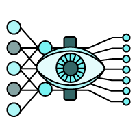 AWS AI Services icon of a robotic eye in between a neural network architecture diagram